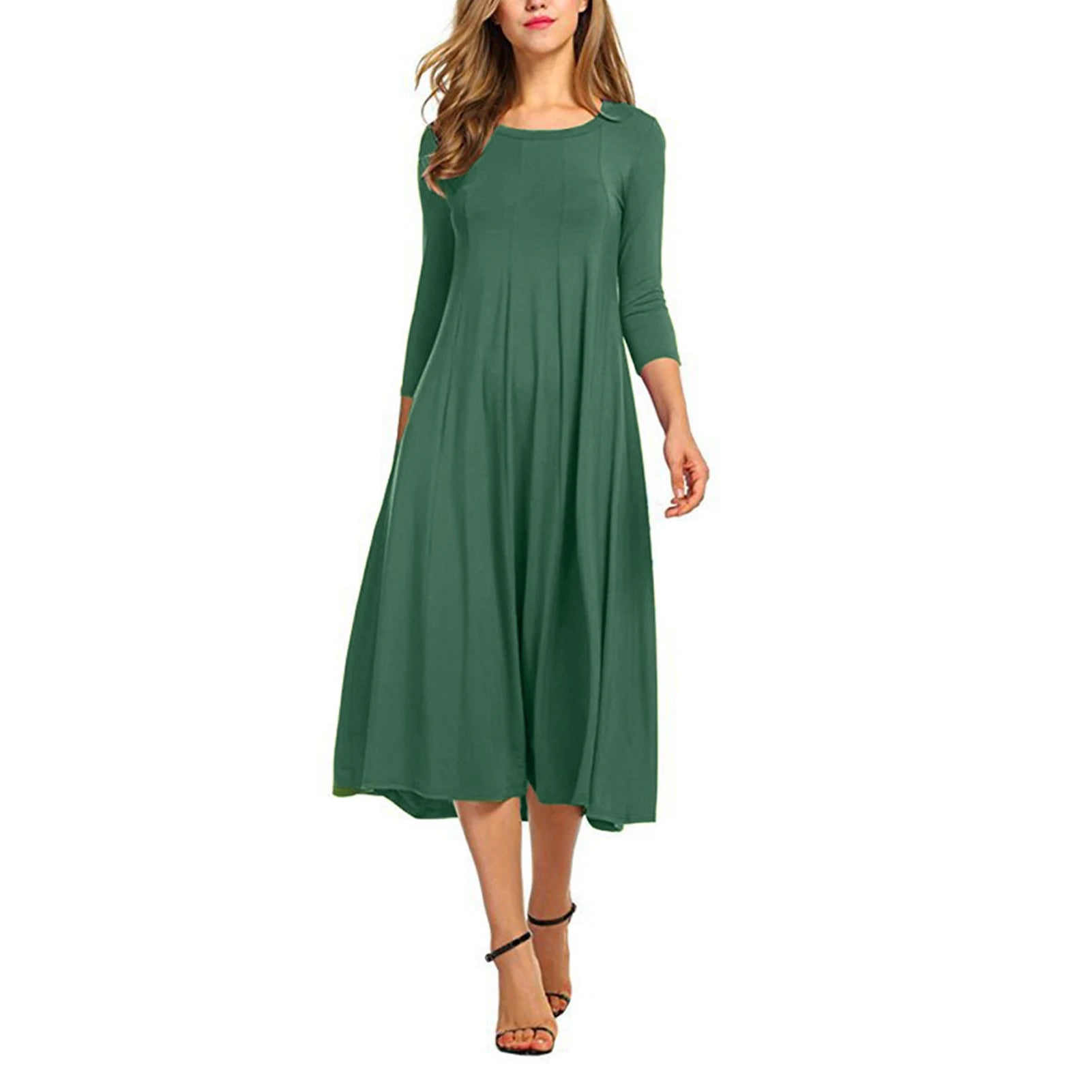 Elegant Under Knee Breathable Comfortable Party Causal Loose Peplum Women Dress Solid Round Collar 3/4 SLeeves Long Maxi Pleated